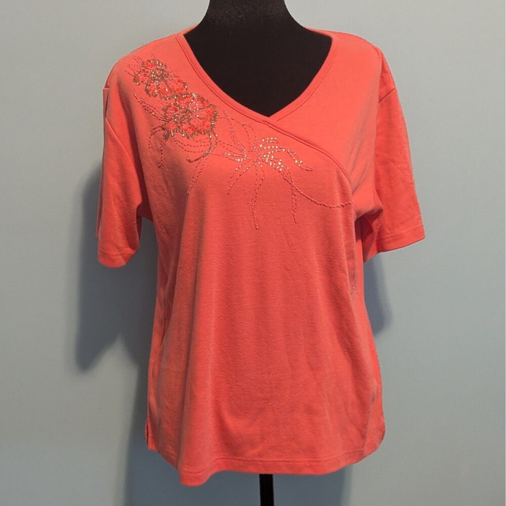 Jenny Top Womens L Orange Beaded Floral 90s Resort